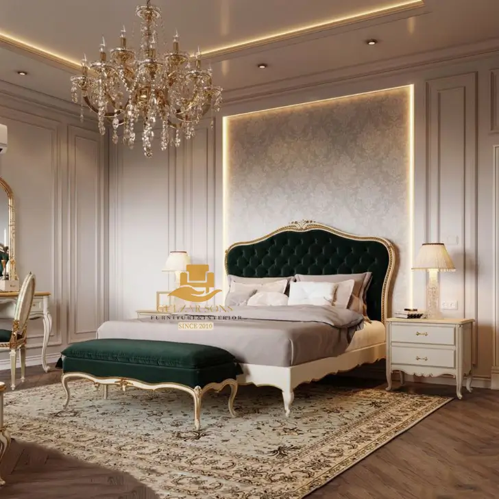 best-quality-chinioti-furniture-timeless-grandeur-emerald-velvet-luxury-bed-set-side-view-code-1353 Emerald Classic Bed - Image 1