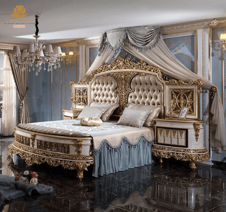 chinioti-furniture-handcrafted-luxury-royal-gold-carved-round-tufted-bed-set-side-view-code-1270 Royal Gold Carved Round Bed Set - Image 1